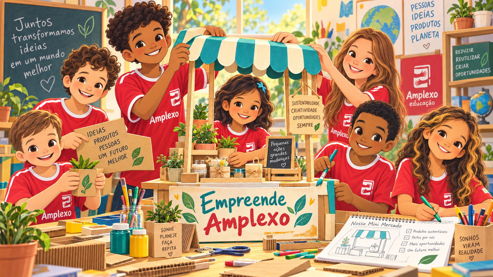 Crianças com camisetas Amplexo criando juntas um mercado de ideias e produtos sustentáveis